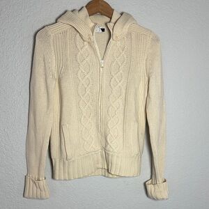 Vintage J.Crew Lambswool Cream Cable Knit Hooded Sweater Fisherman Full Zip